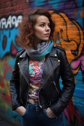 站在涂鸦墙摩登时尚黑色皮衣美女图片